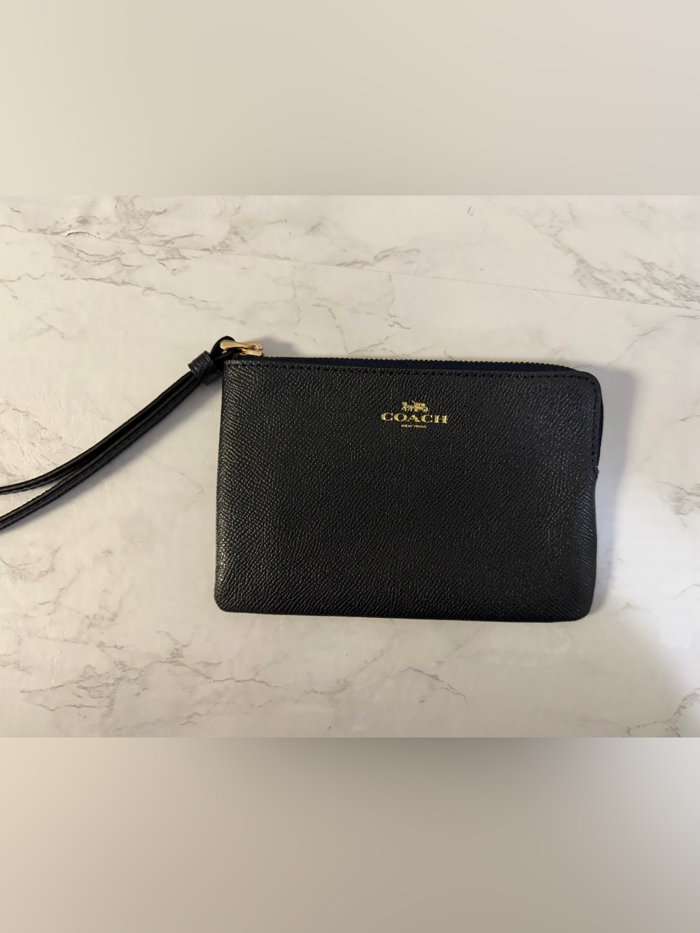 Coach Black Pebbled Leather Wristlet with Gold Logo